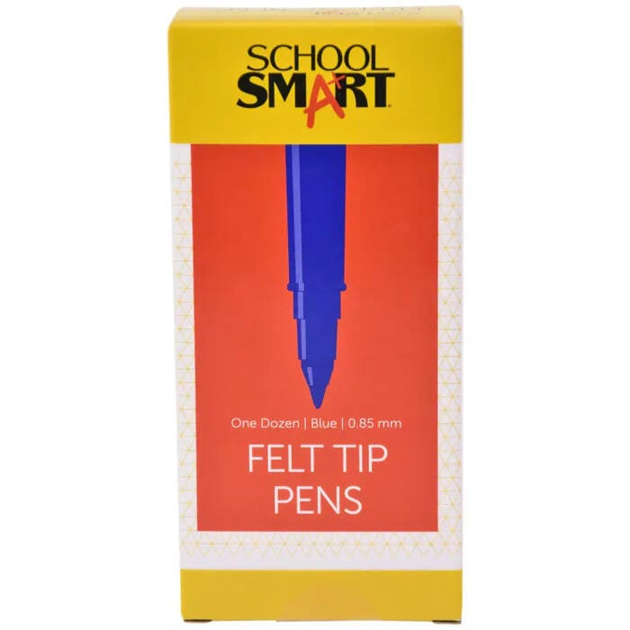 School Smart Felt Tip Pen Marker, Water Based Ink Fine Tip, Blue, Pack of 12 077237